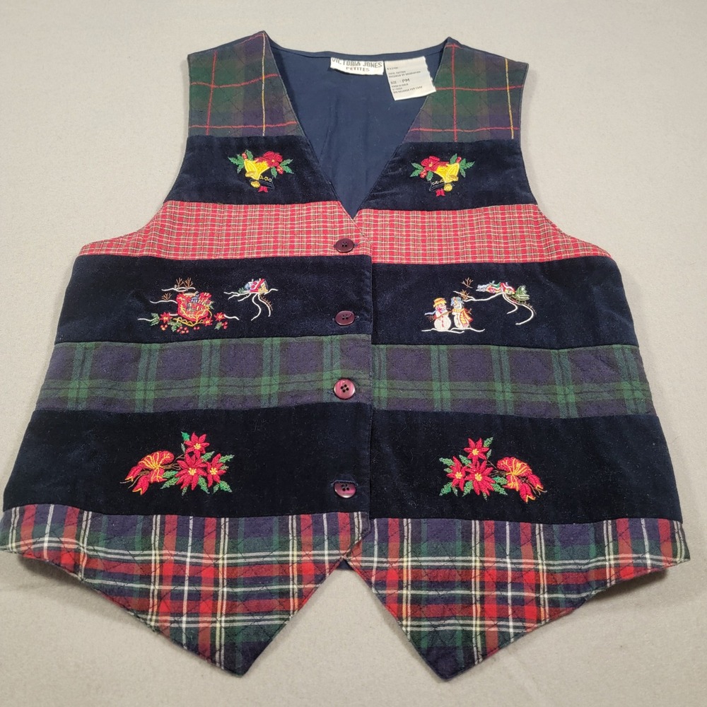 Vintage 90s Victoria Jones Holiday Vest Womens‎ Size PM Plaid Velvet Embroidered